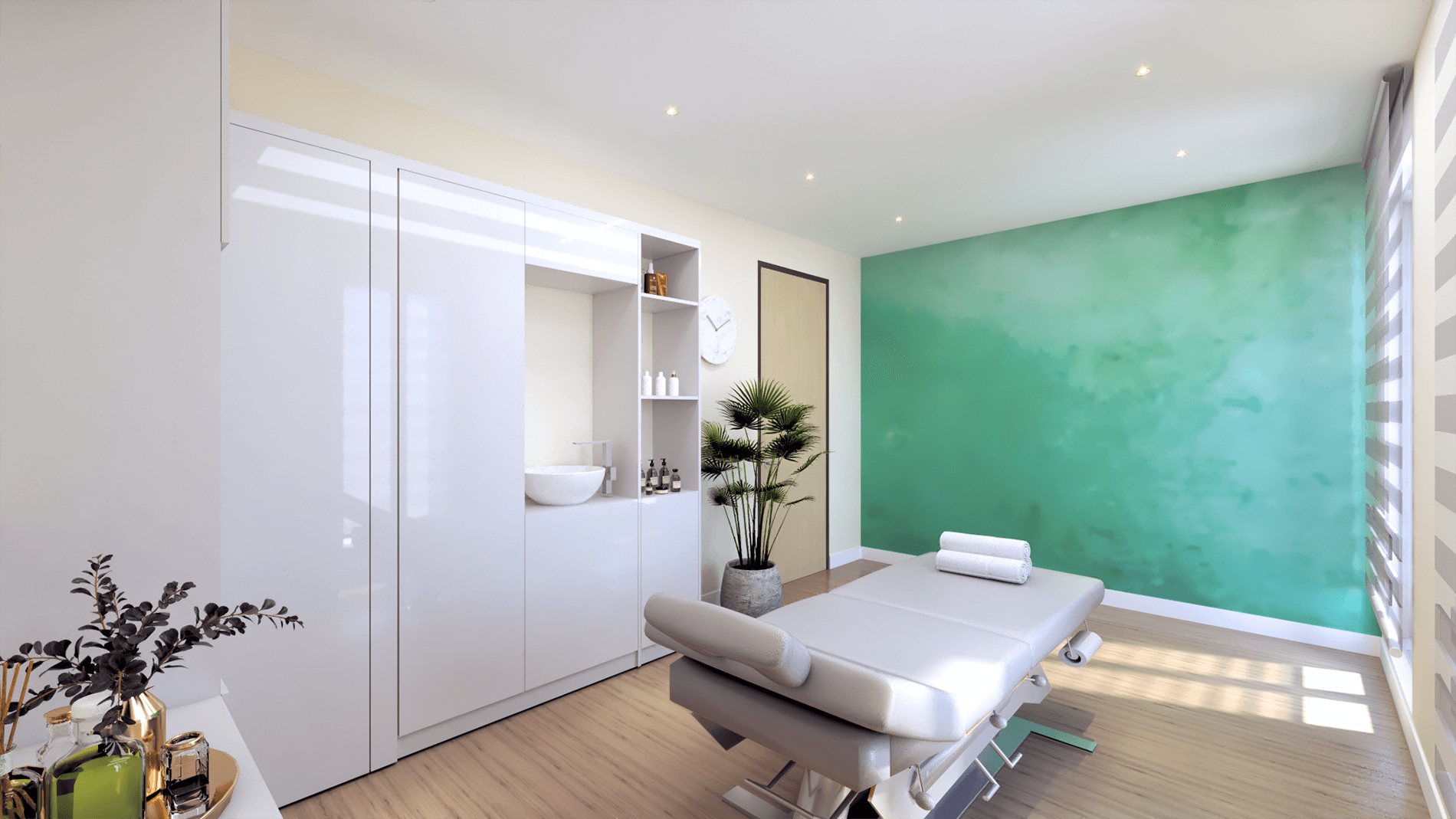 Wellness clinic main therapy room with a teal color wall, designed by Beatrice Leupold Wellness clinic main therapy room with a teal color wall, designed by Beatrice Leupold