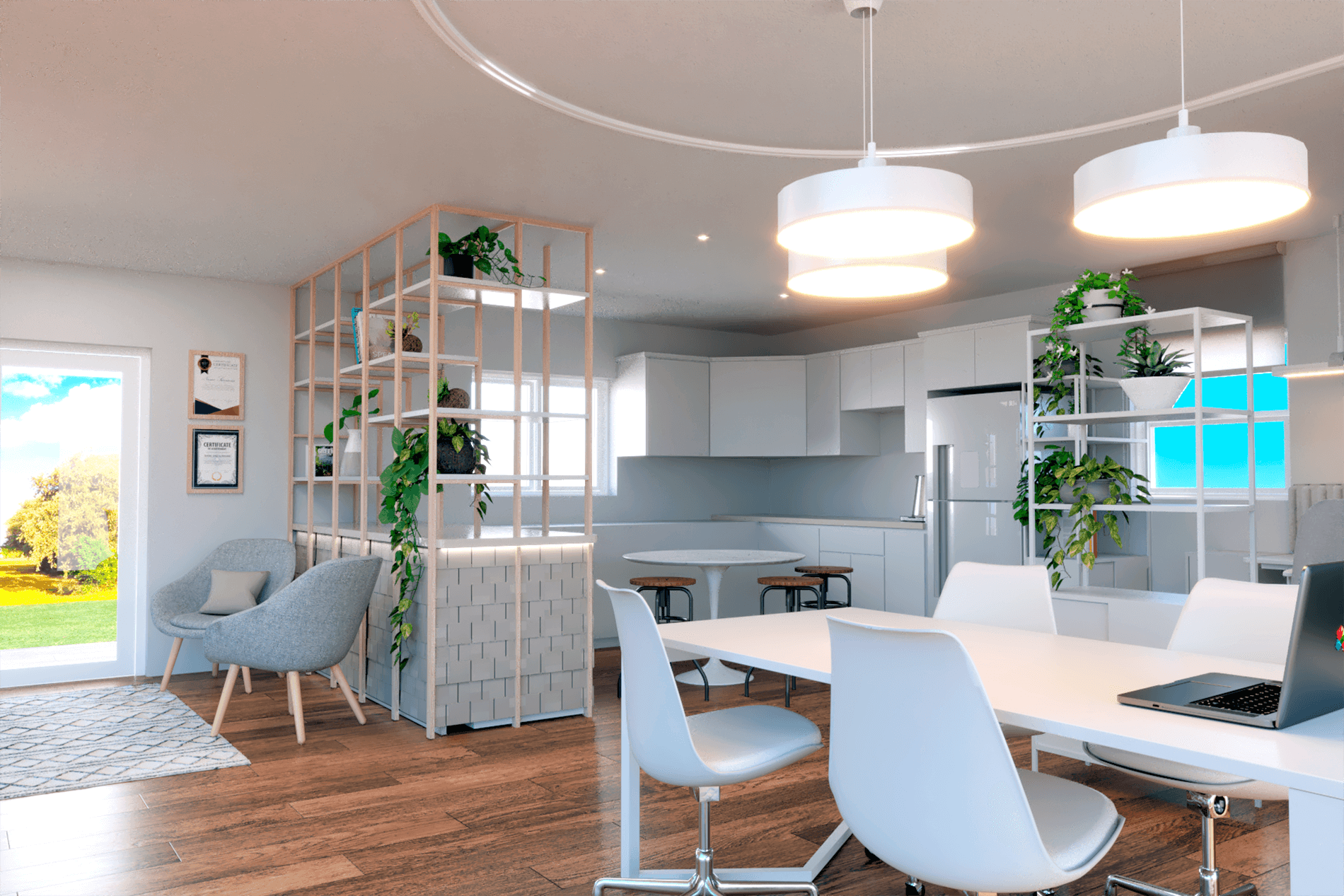 Modular Business Office - kitchen area with a long table used for conferences, designed by Beatrice Leupold Modular Business Office - kitchen area with a long table used for conferences, designed by Beatrice Leupold