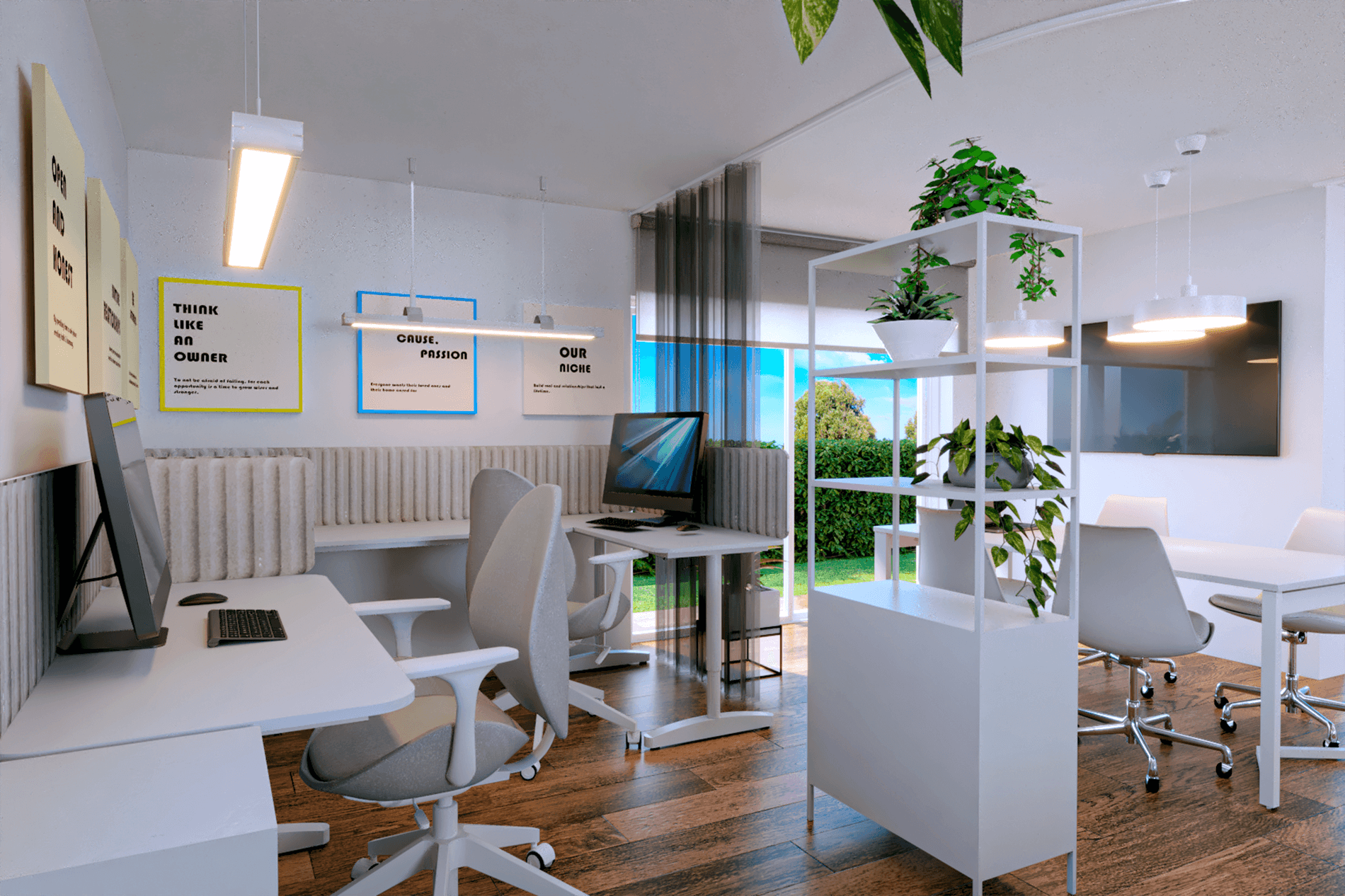 Modular Business Office - two white desks setup next to the dining room, designed by Beatrice Leupold Modular Business Office - two white desks setup next to the dining room, designed by Beatrice Leupold