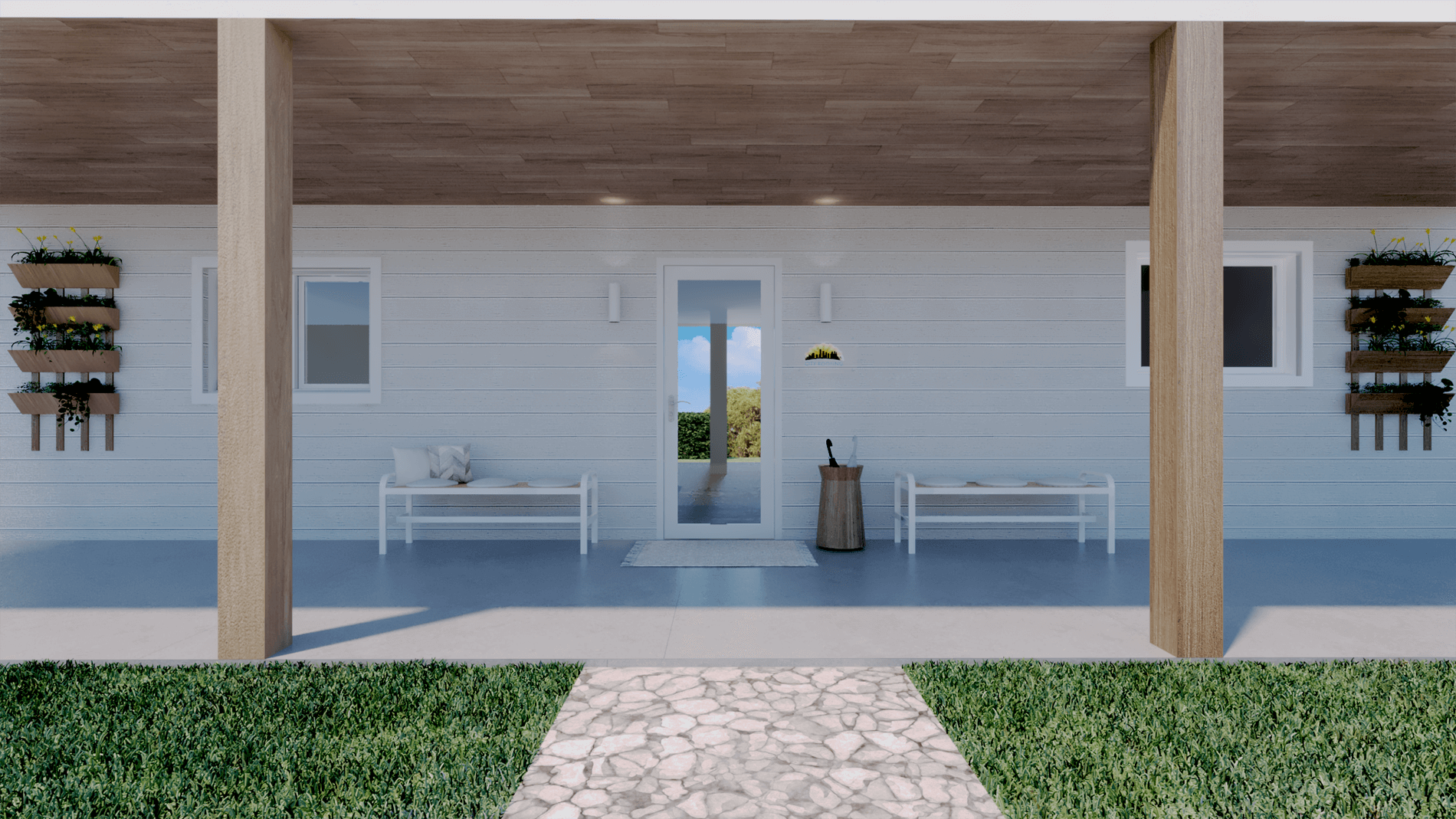 Modular Business Office - view of the front of the house with two benches on each side of the front door, designed by Beatrice Leupold Modular Business Office - view of the front of the house with two benches on each side of the front door, designed by Beatrice Leupold