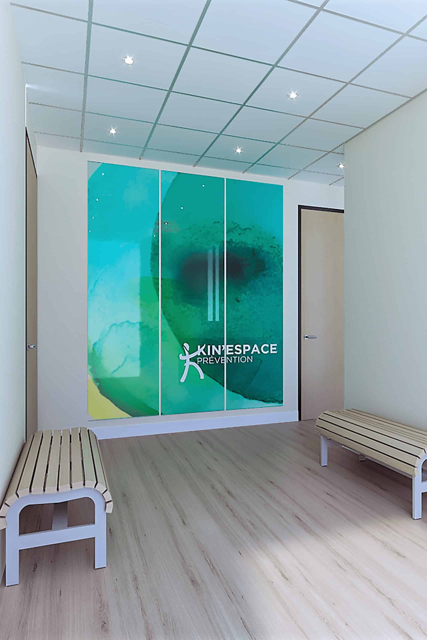 Wellness clinic waiting room with two benches on each side, designed by Beatrice Leupold Wellness clinic waiting room with two benches on each side, designed by Beatrice Leupold